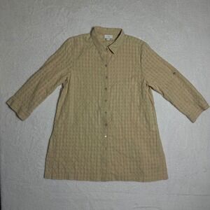 J.Jill Tan Seersucker Button Down Tunic 3/4 Roll Tab Sleeve Shirt Women M Summer